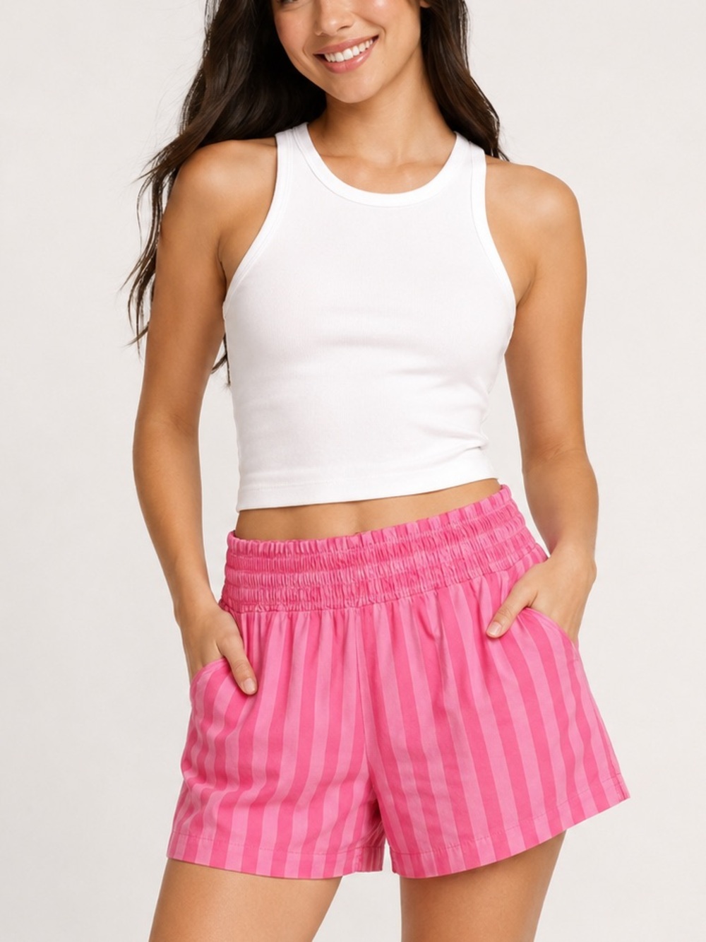 A New Day Pink Stripe Smocked Waist Shorts Women’s Small Coastal Barbiecore NWT